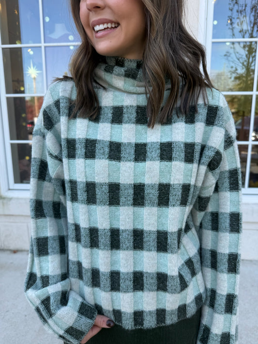 Olive Multi  Check Turtleneck Sweater