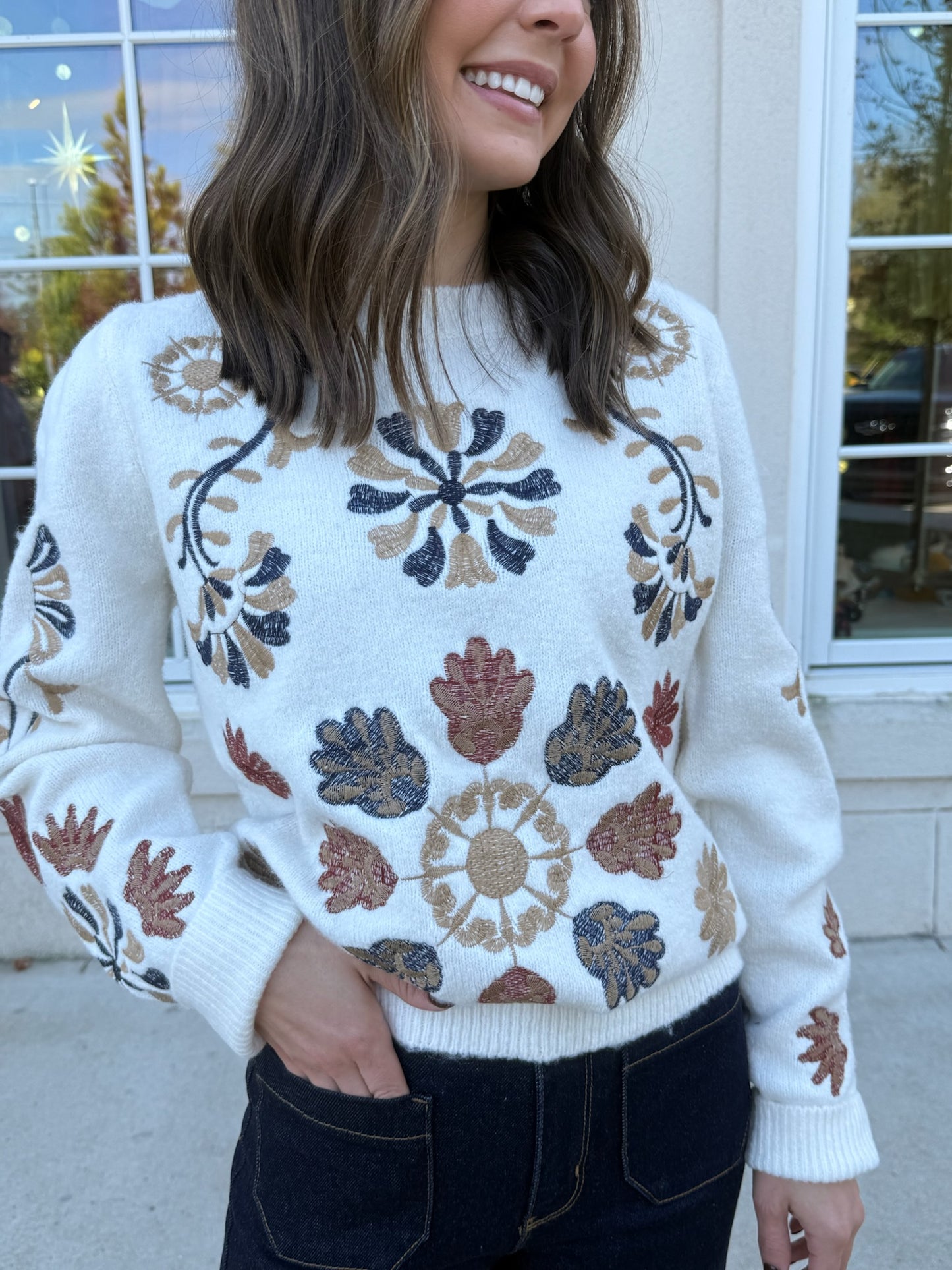 Cream Multi Embroidered Knit Top