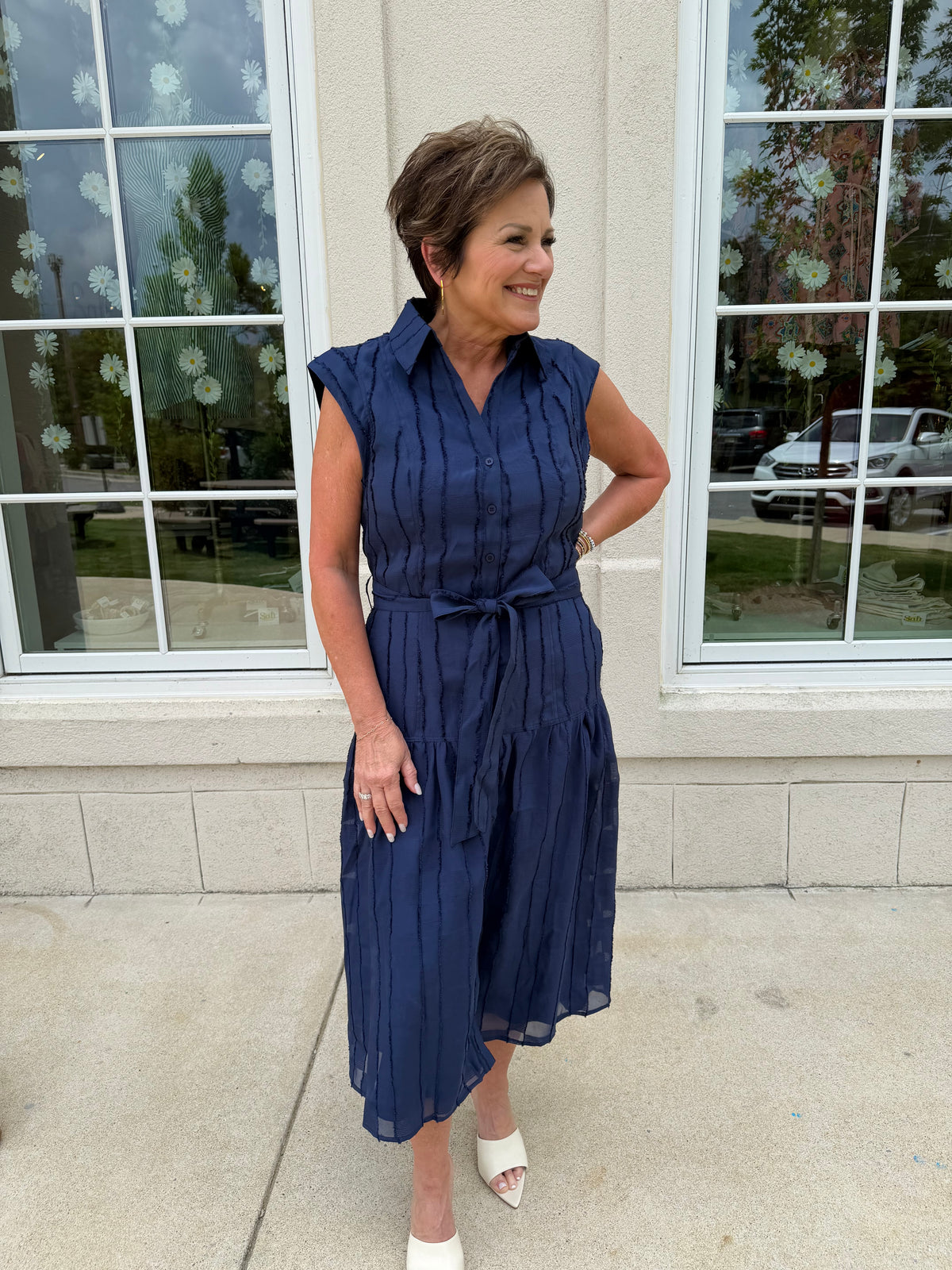 Navy Cap Sleeve Tiered Midi Dress