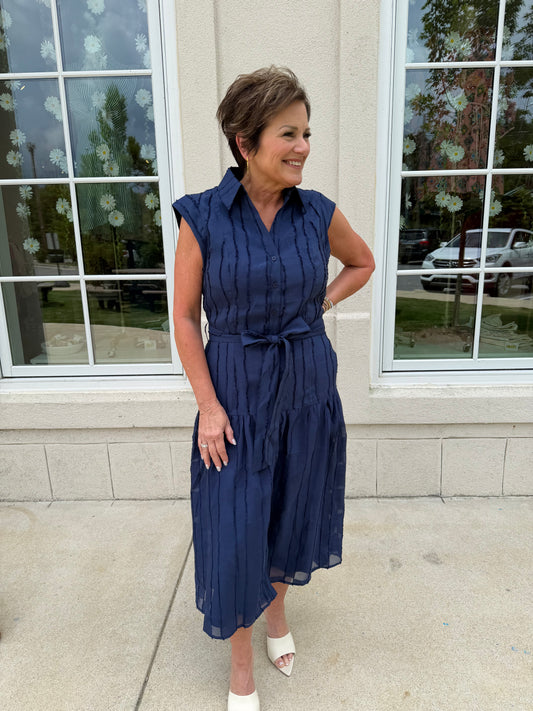 Navy Cap Sleeve Tiered Midi Dress