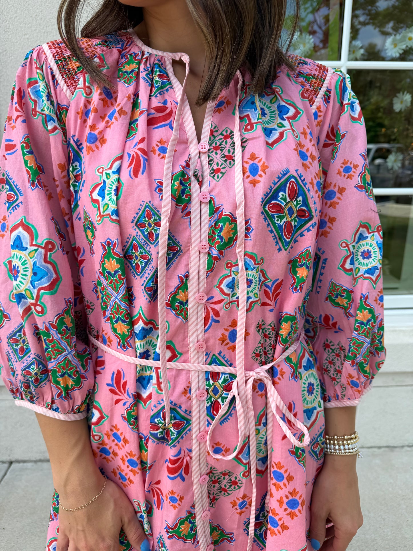 Pink Multi 3/4 Sleeve Printed Mini Dress