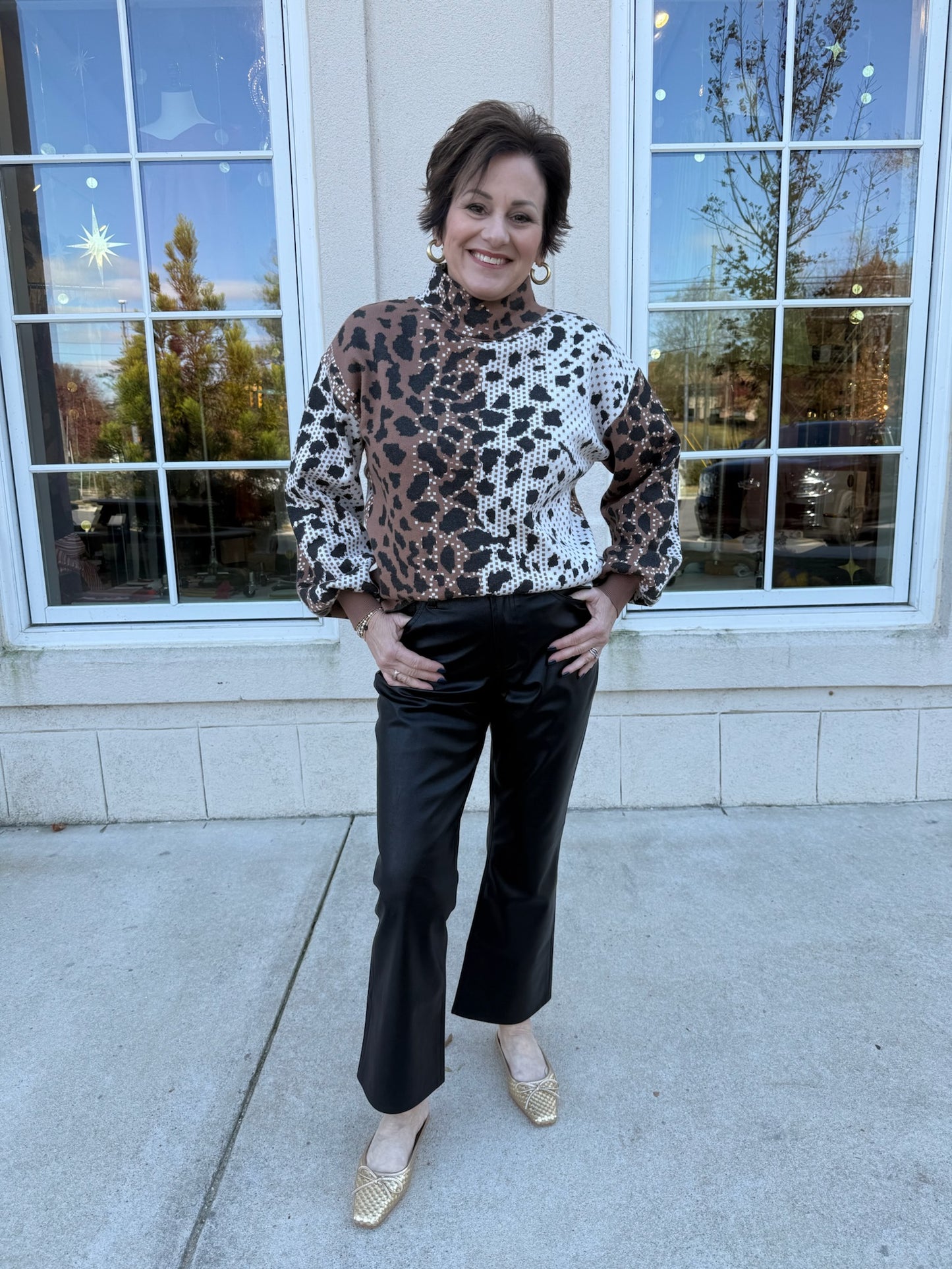 Cream and Brown Animal Patterned Knit Sweater