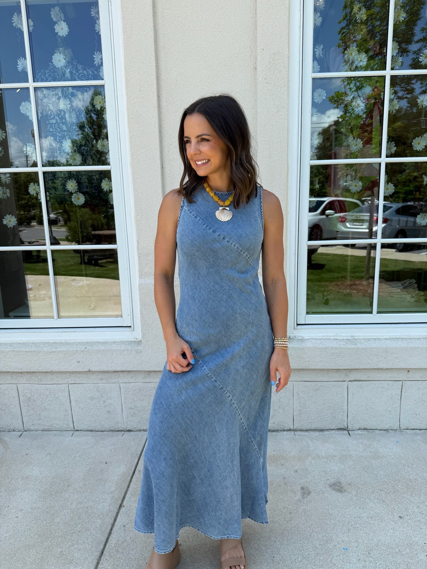 Dark Denim Bias Cut Midi Dress