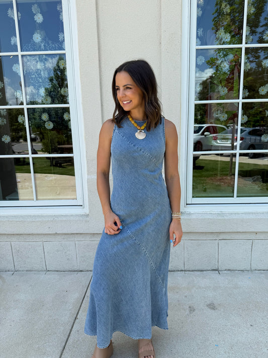 Dark Denim Bias Cut Midi Dress