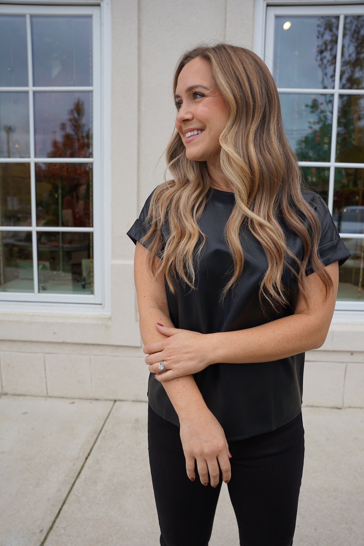 Black Leather Cap Sleeve Top