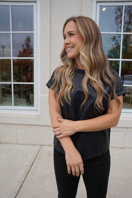 Black Leather Cap Sleeve Top