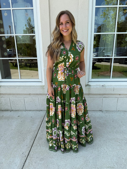 Olive Floral Tiered Maxi