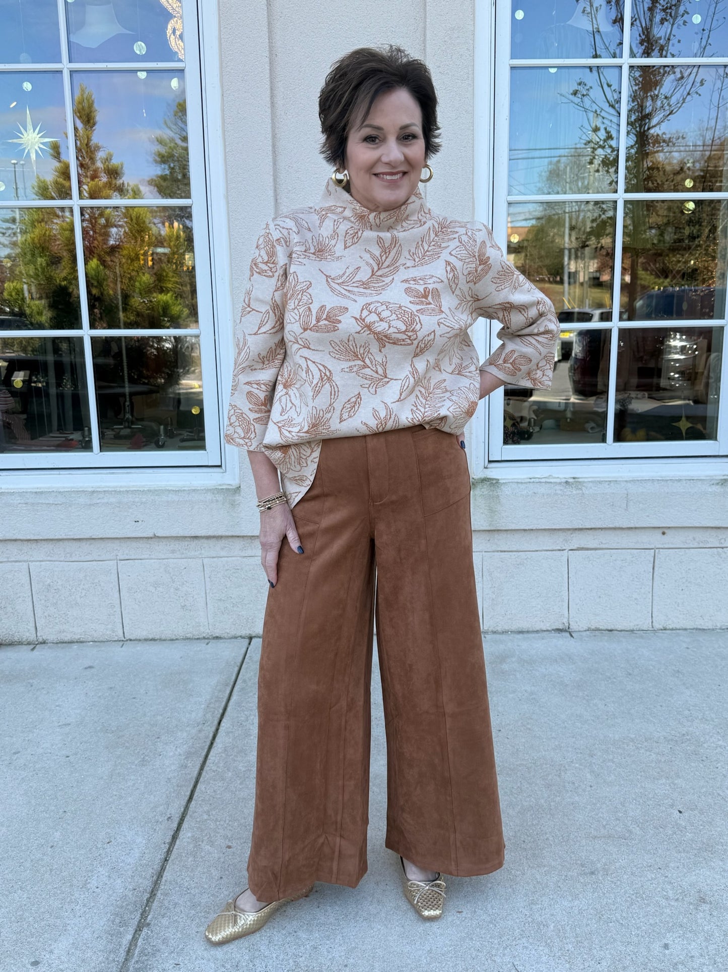 Taupe Floral Jacquard Knit Sweater