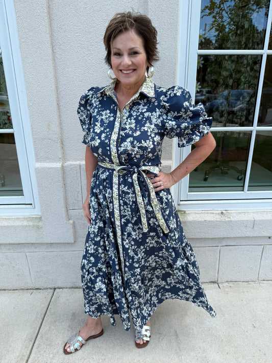 Navy Multi Floral Bubble Sleeve Midi