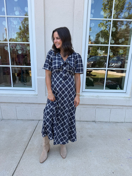 Navy Multi Plaid V Neck Midi