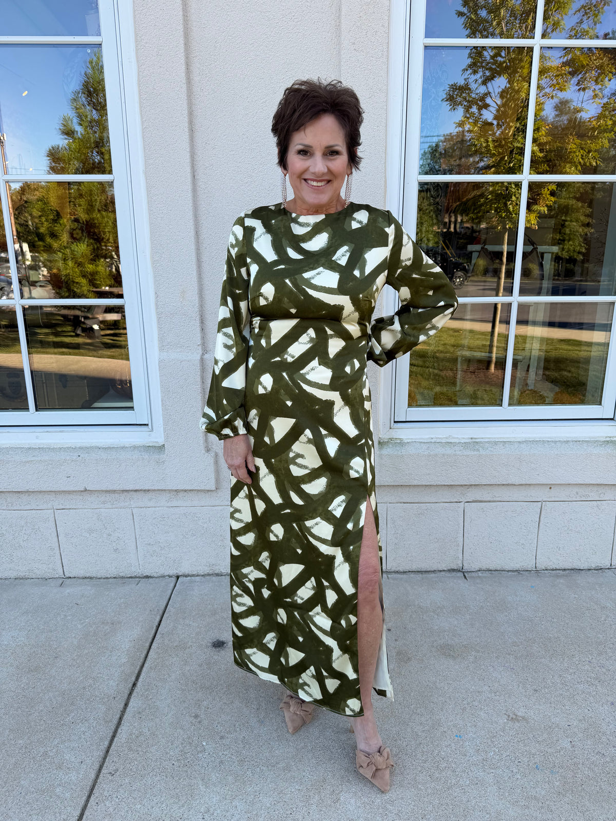 Cream and Olive Printed Satin Maxi Dress