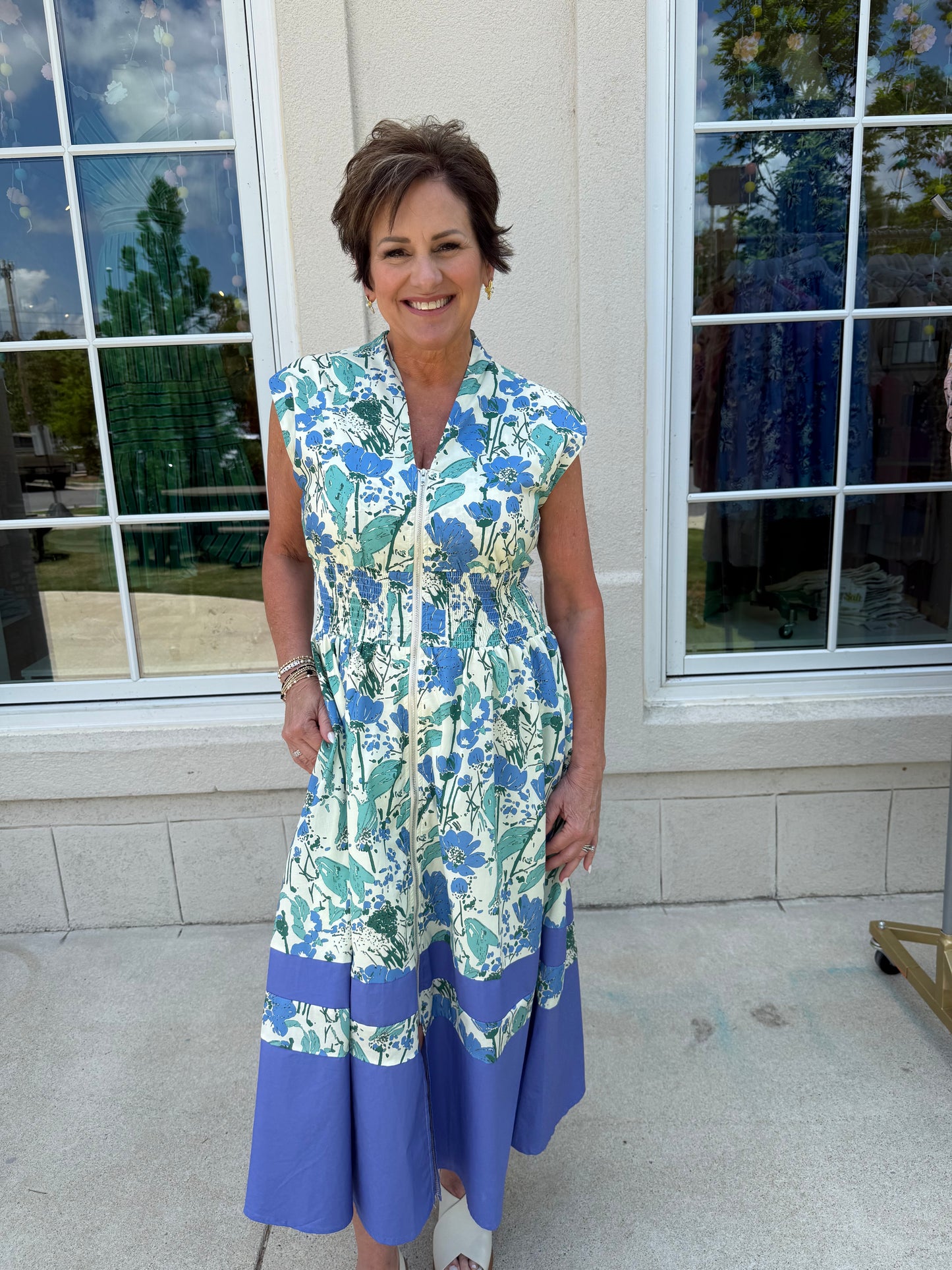 Blue Floral Smocked Zip Front Midi