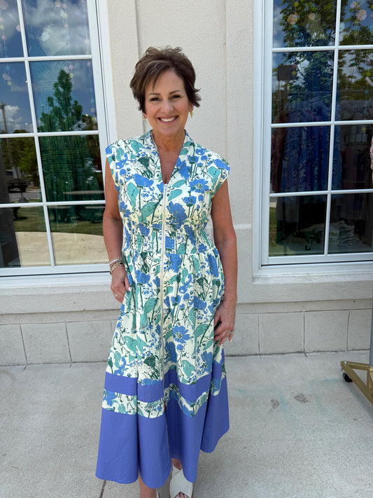 Blue Floral Smocked Zip Front Midi