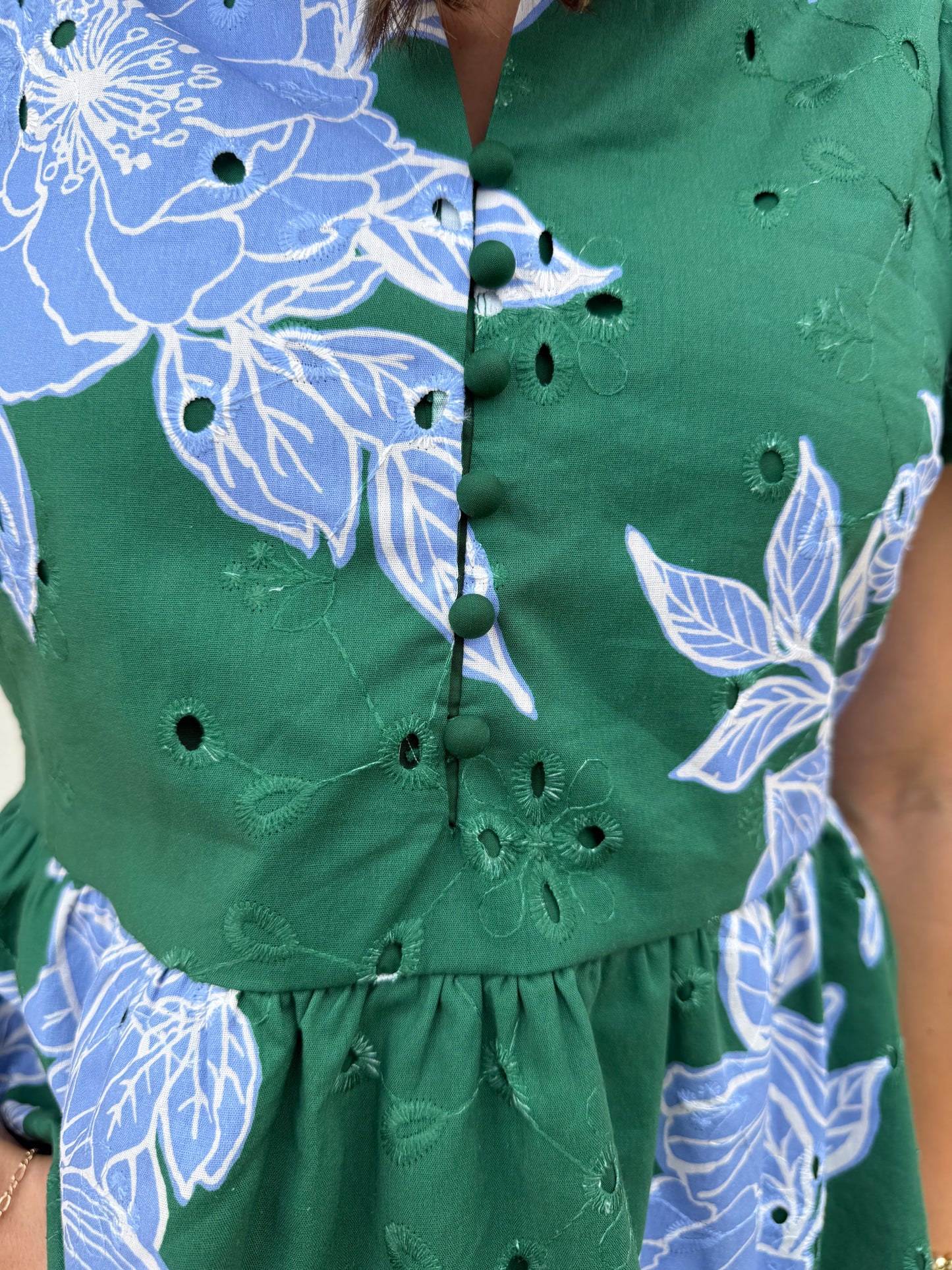 H Green and Lt Blue Floral Eyelet Top