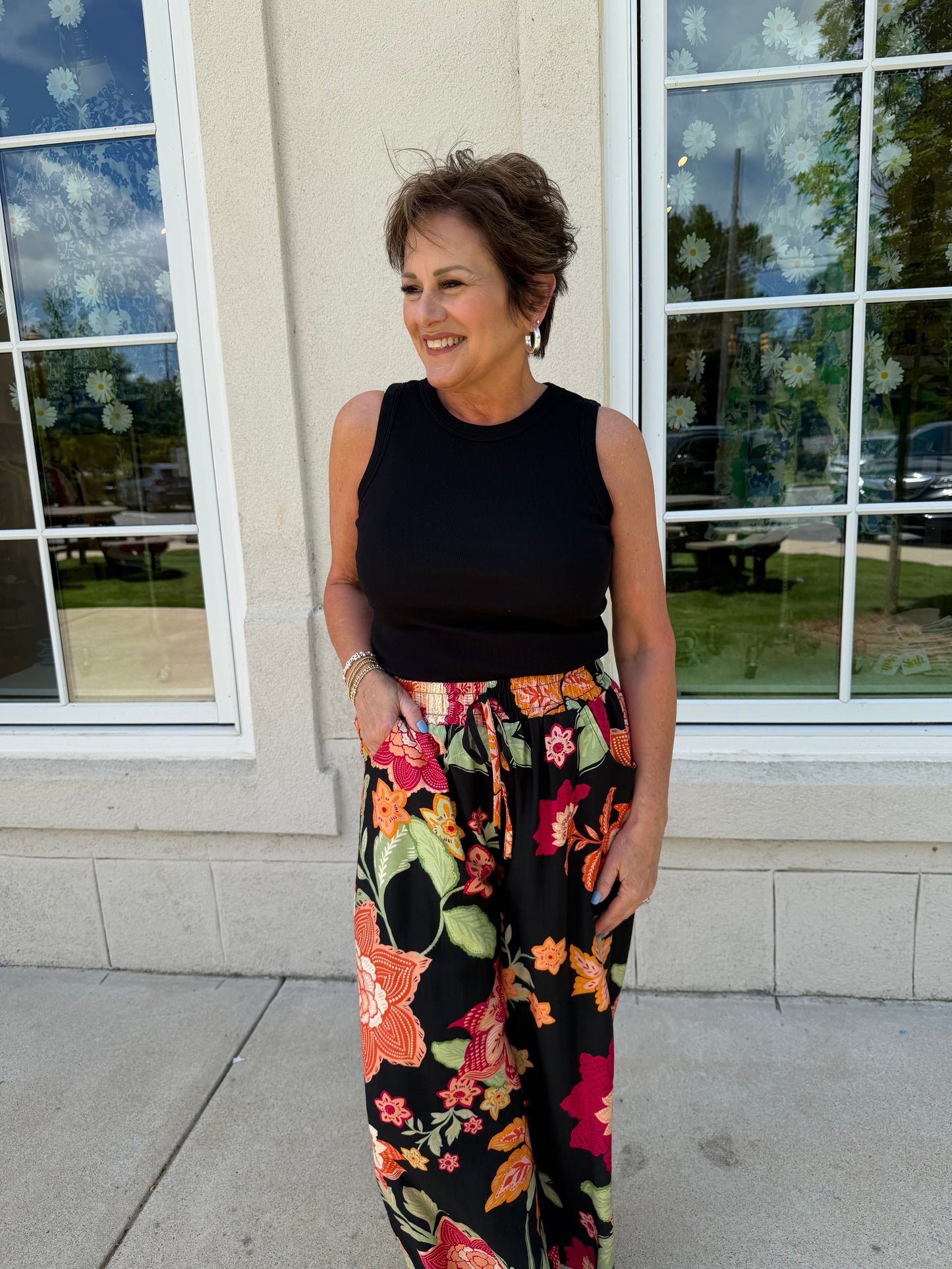 Black Floral Wide Crop Pants