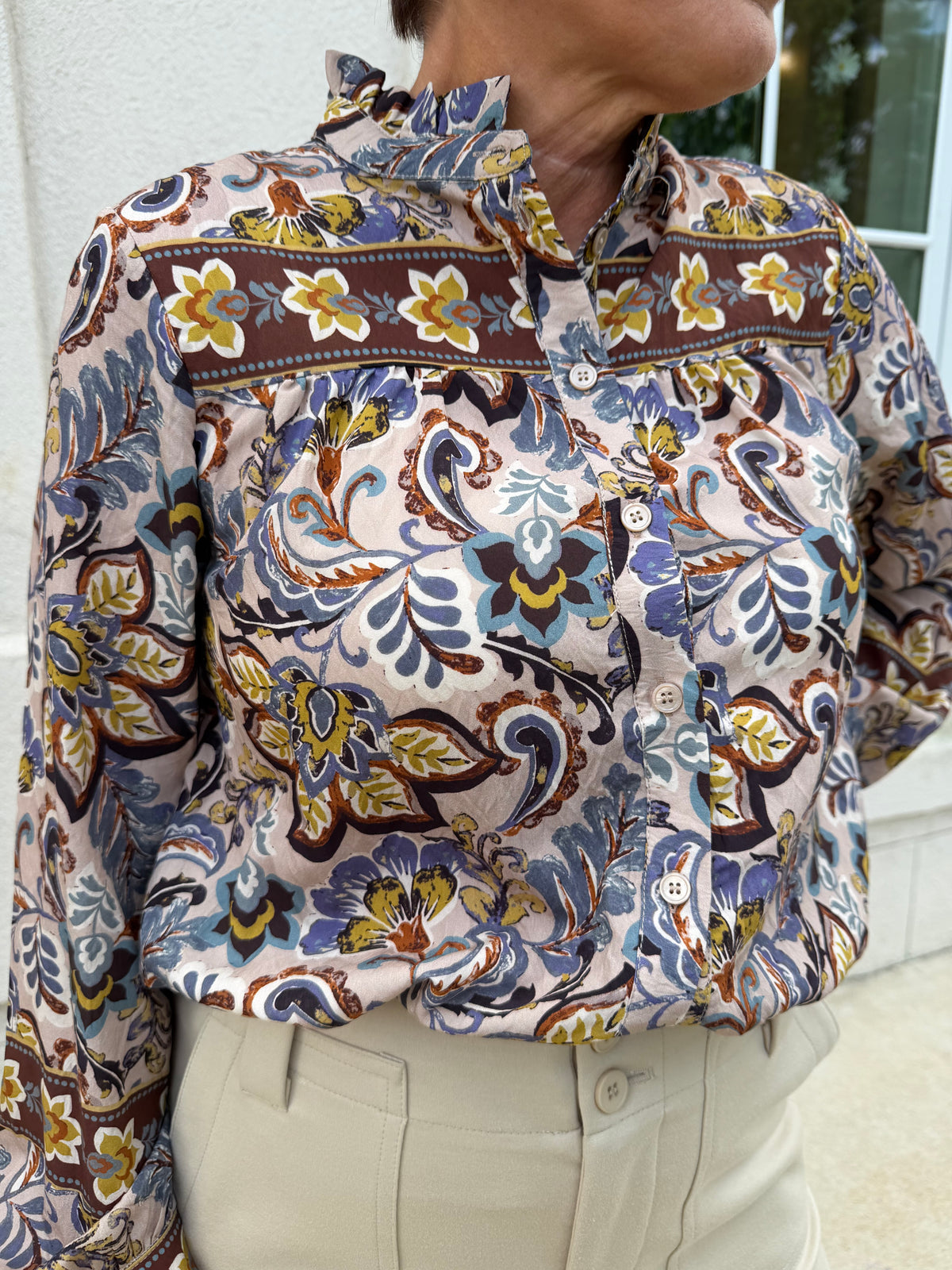 Beige Multi Border Print Blouse