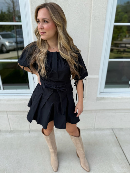 Black Ruched Babydoll Tie Waist Mini