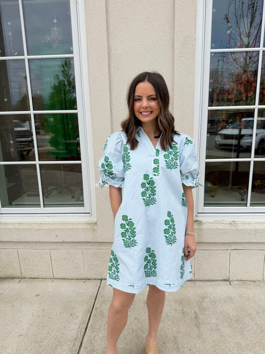 Green Striped Floral Print Dress