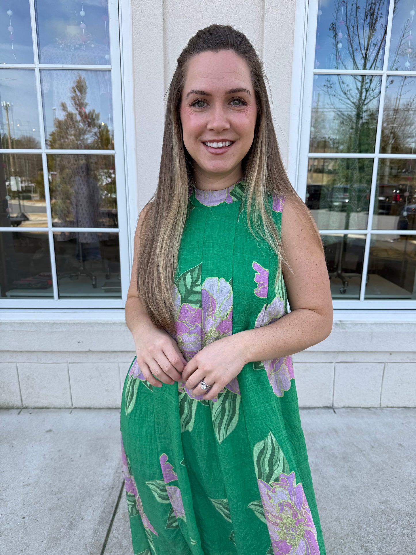 Green Floral Print Midi Dress