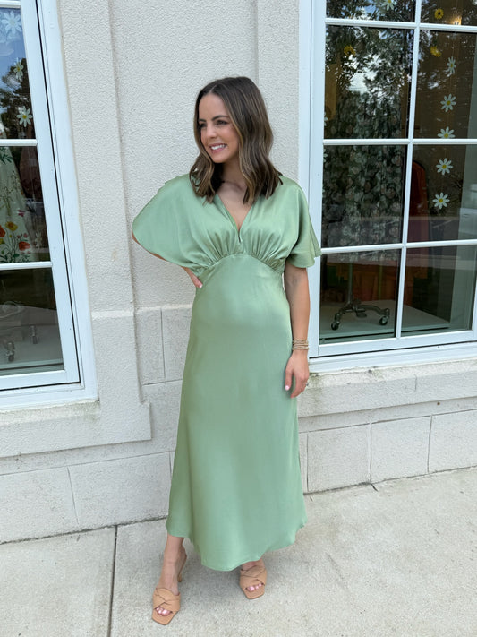 Sage Empire Waist Satin Dress