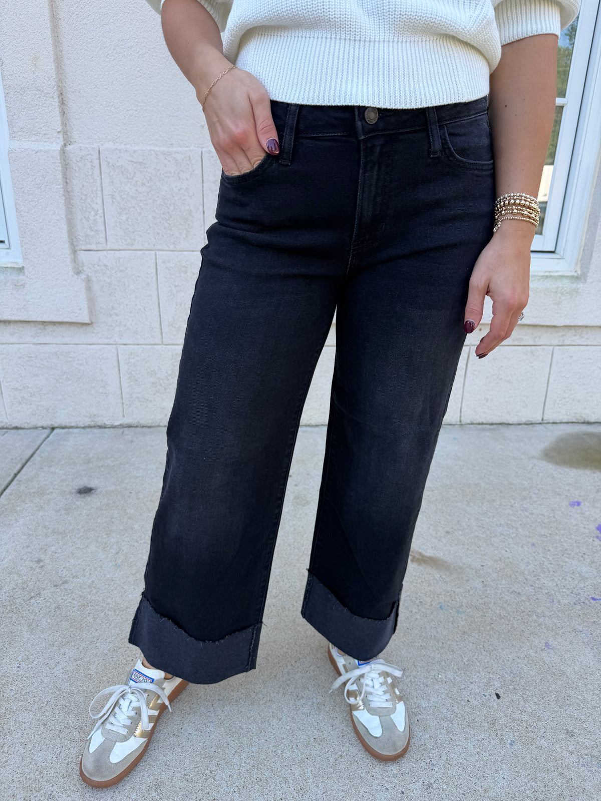 Washed Black Scissor Cut Cuffed Slim Wide