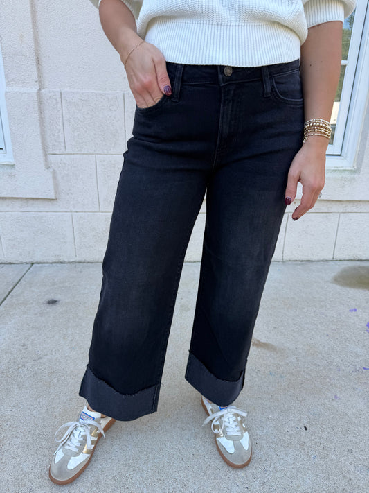 Washed Black Scissor Cut Cuffed Slim Wide