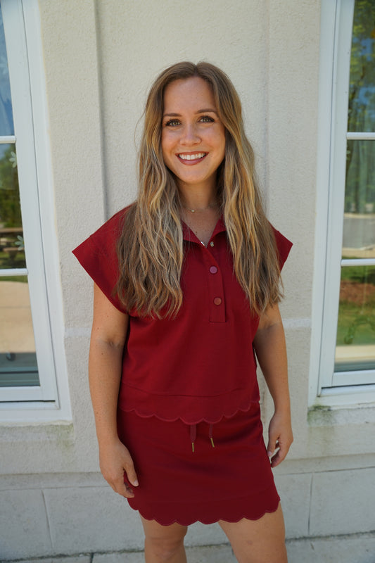 Burgundy Scallop Embroidered Skort Set