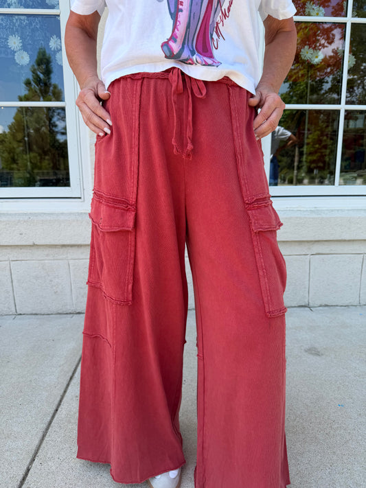 Boho Red Washed Terry Cargo Pants