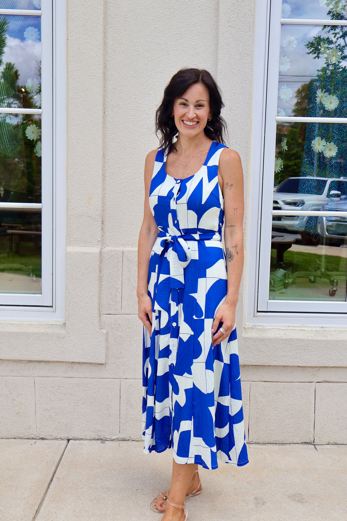 Royal Blue and Off White Geometric Dress