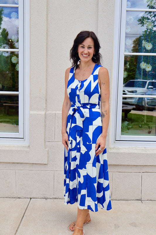 Royal Blue and Off White Geometric Dress