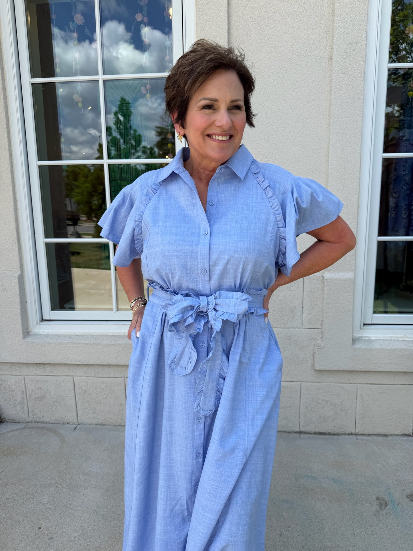 Light Blue Ruffled Detail Midi Dress