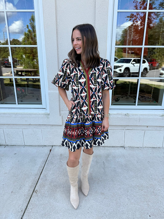 Cream Multi Print V-neck Dress