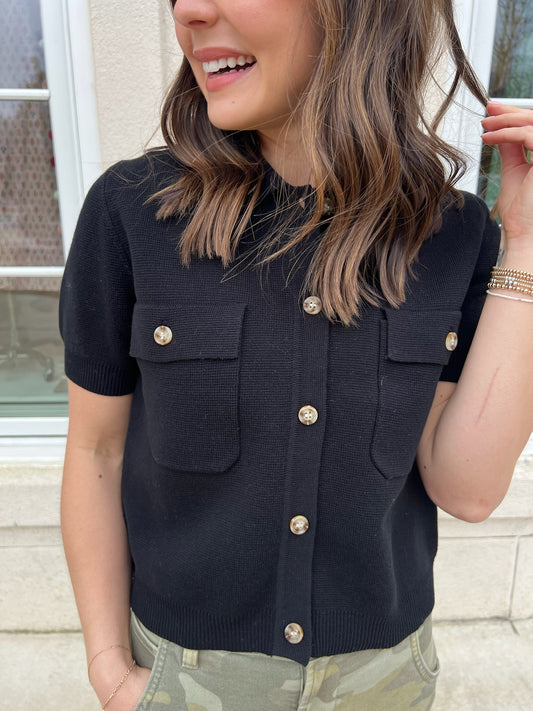 Black Crop Sweater Button Top