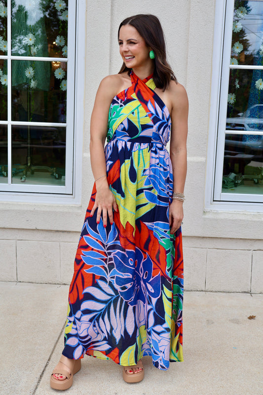 Midnight Tropical Halter Maxi Dress