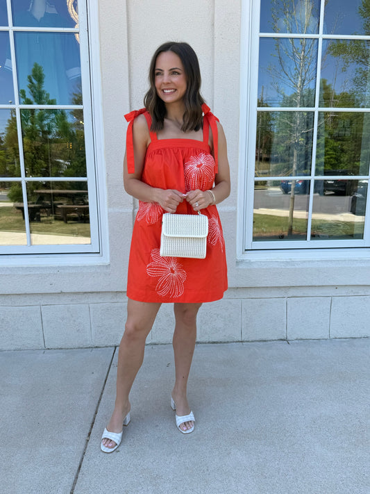 Orange and Off White Embroidered Mini