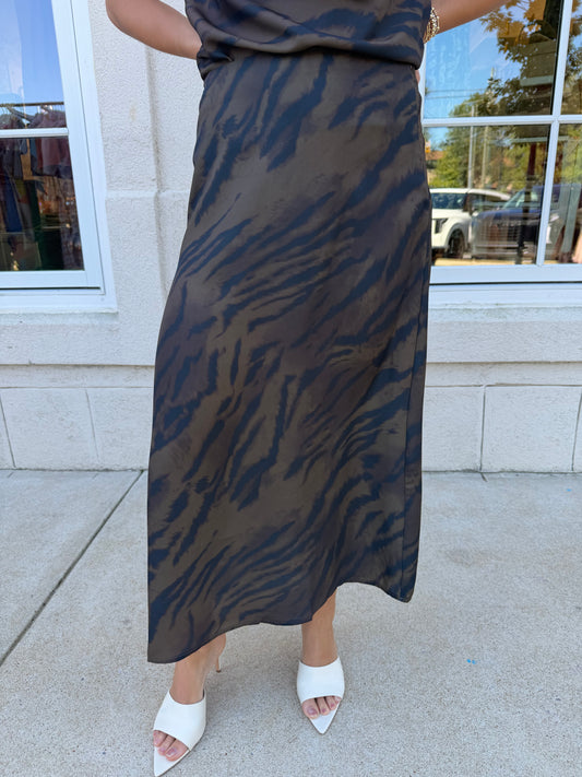 Brown and Taupe Animal Print Midi Skirt