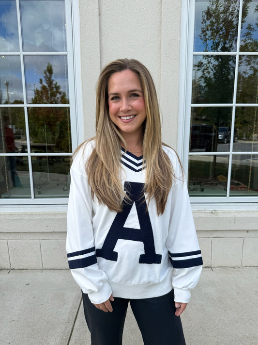 White and Navy A Varsity Pullover