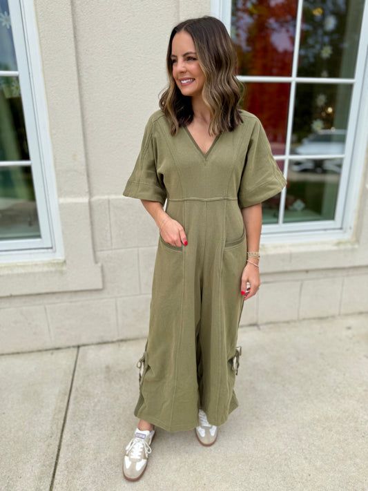 Washed Olive Wide Leg Jumpsuit