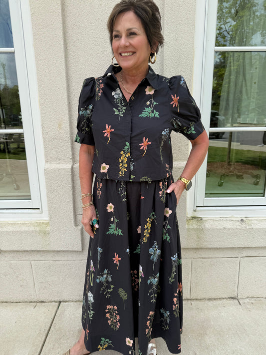 Black Floral Two Piece Midi Set