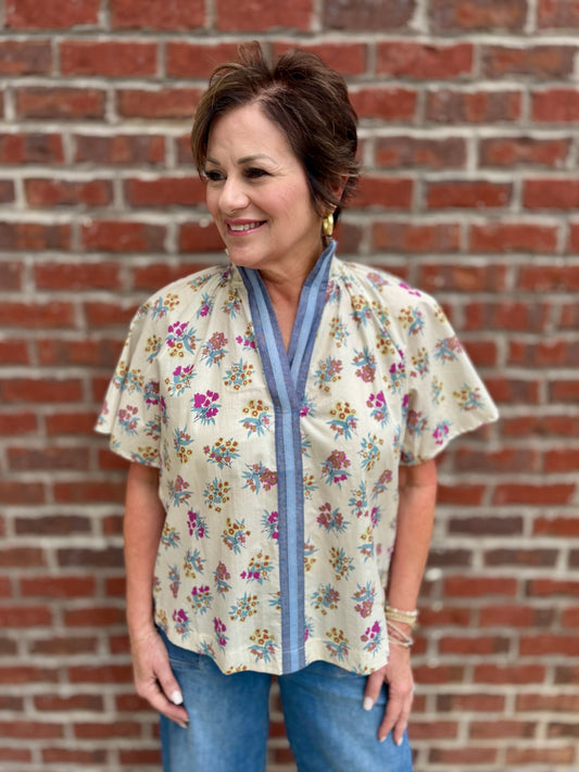 Cream Flower Print top