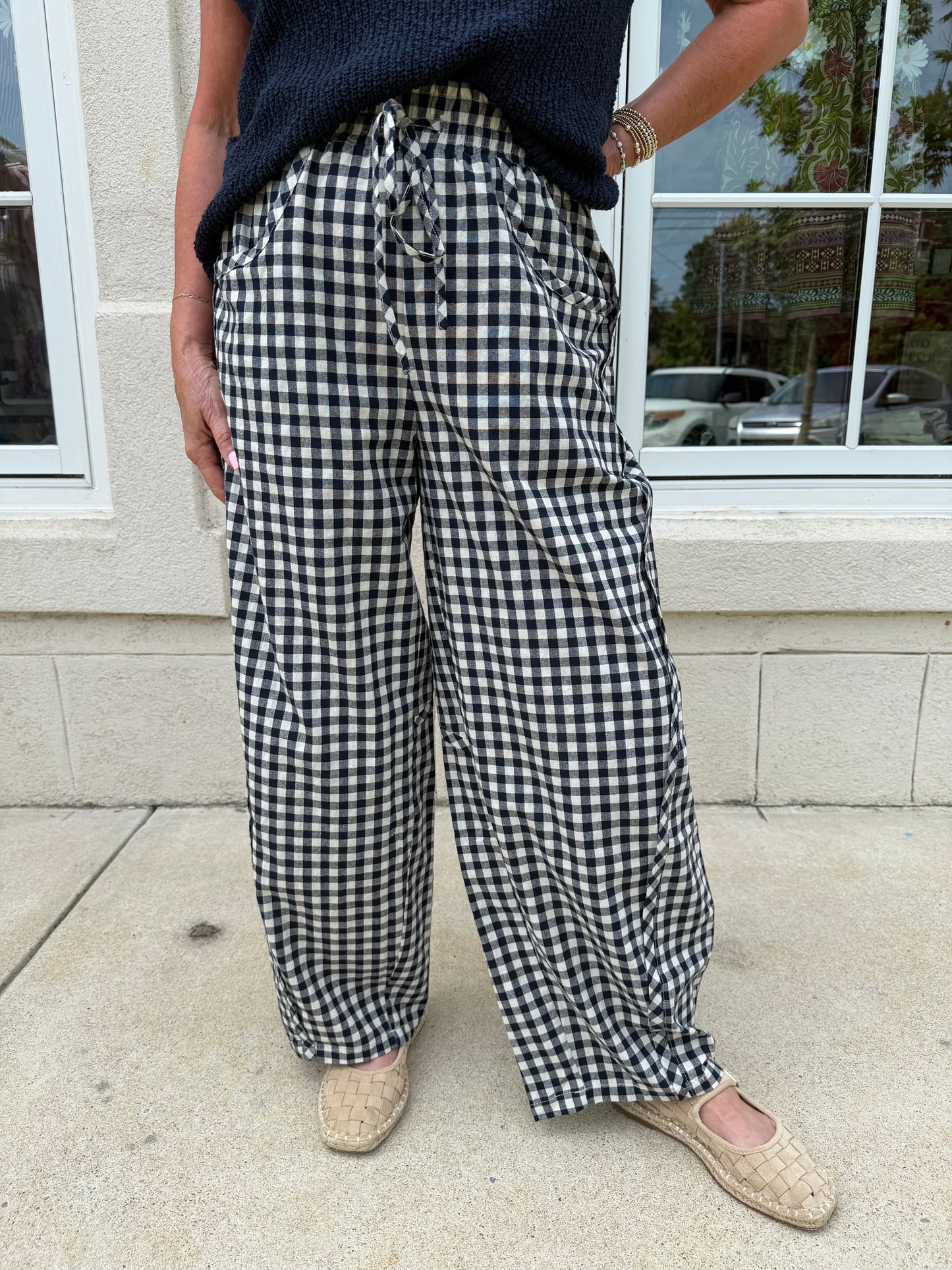Navy Relaxed Gingham Barrel Leg Pants
