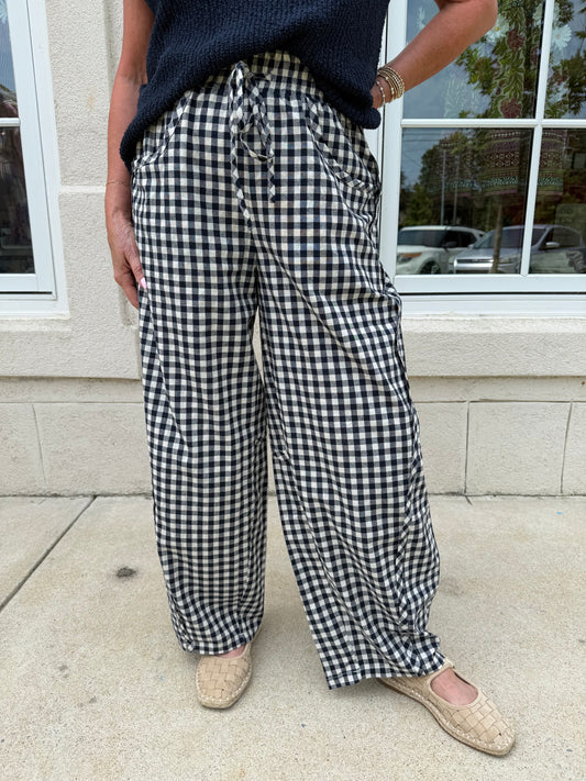 Navy Relaxed Gingham Barrel Leg Pants