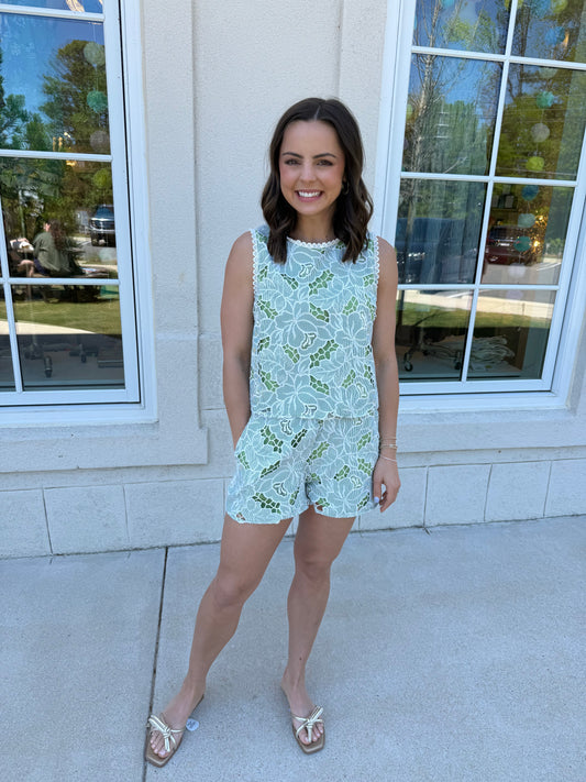 Lt Green and Ivory Embroidered  Short Set