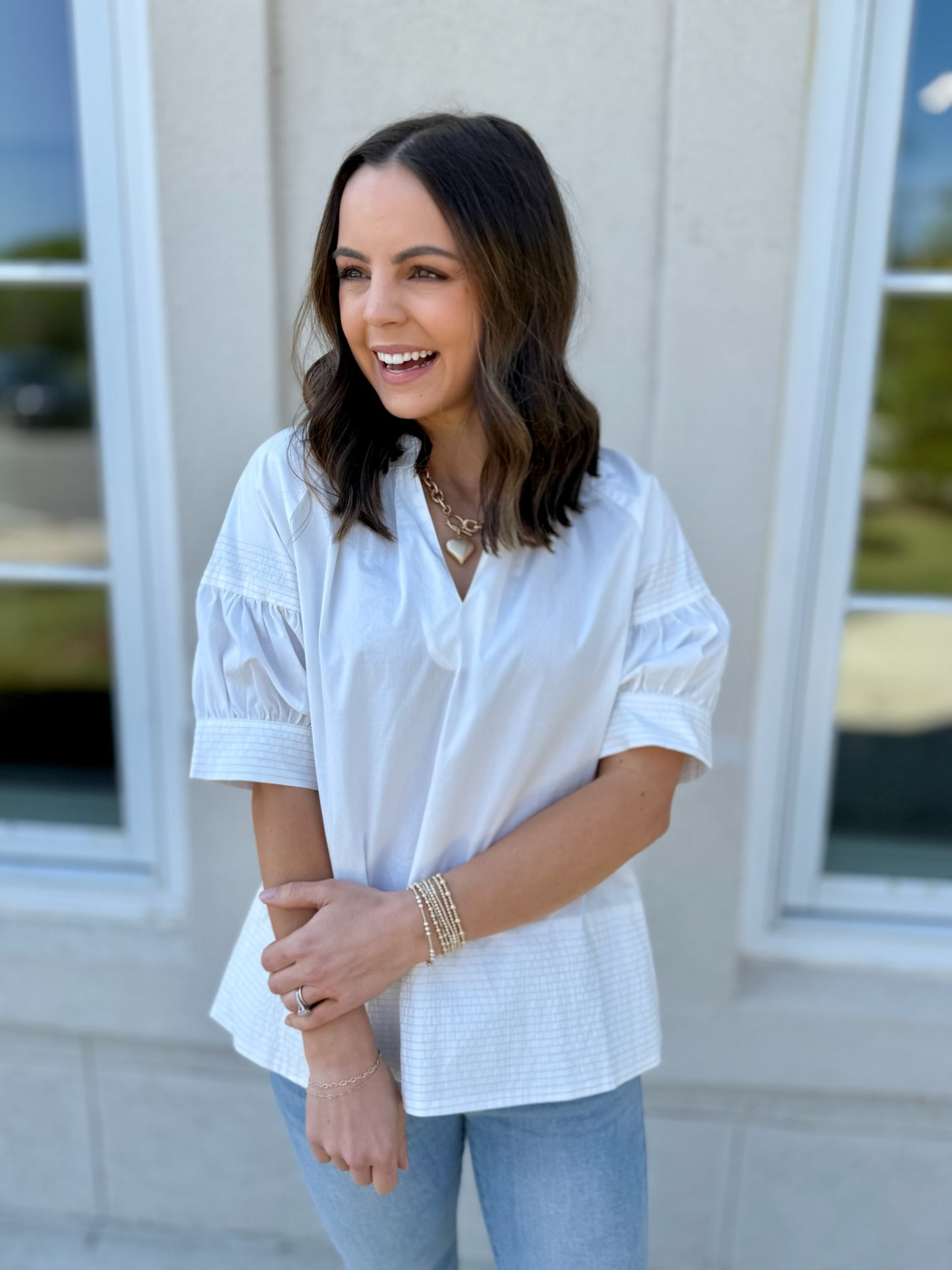 Off White Contrast Stitching V Neck Top