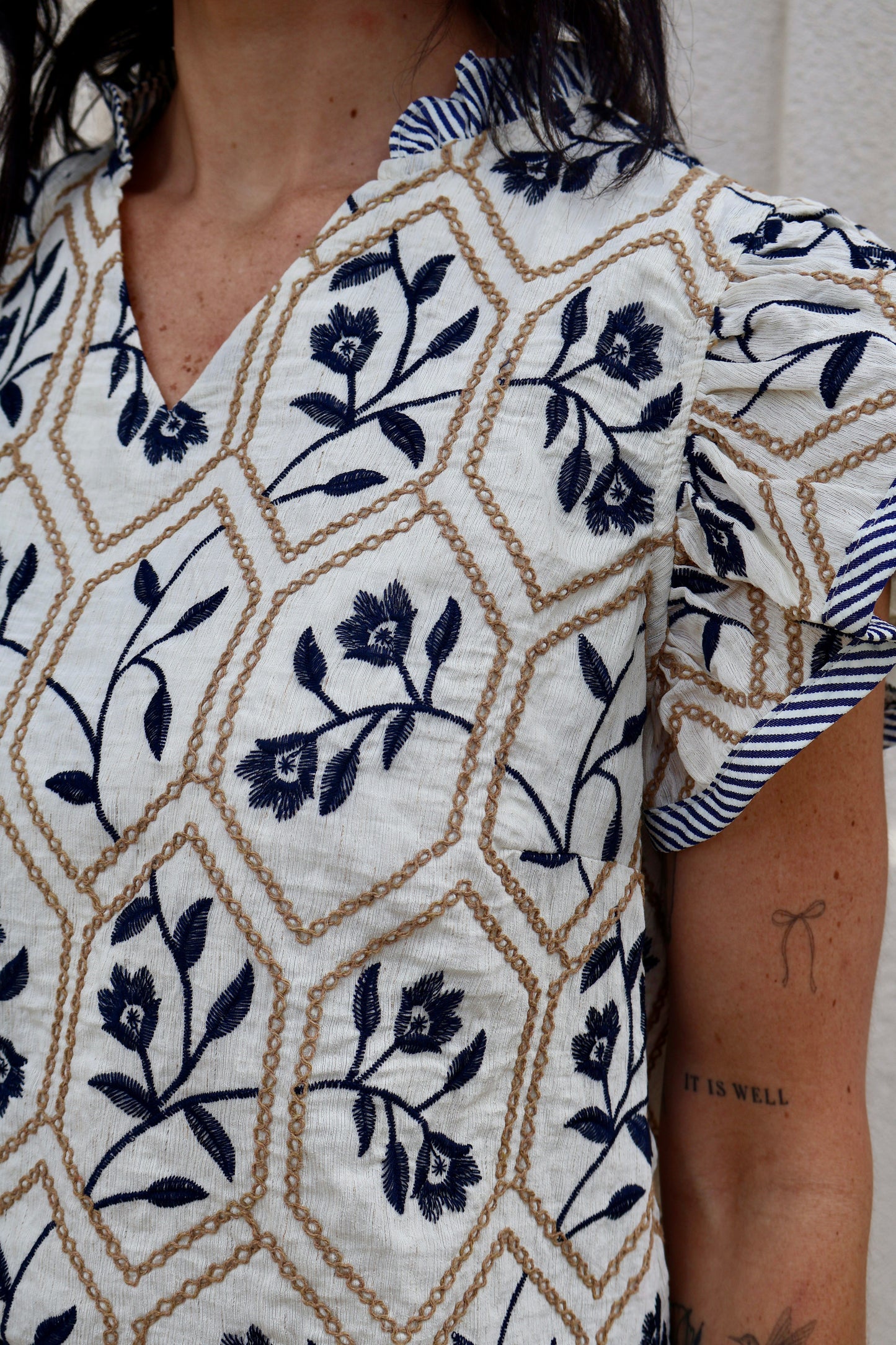 Navy and Muted Gold Embroidered Top