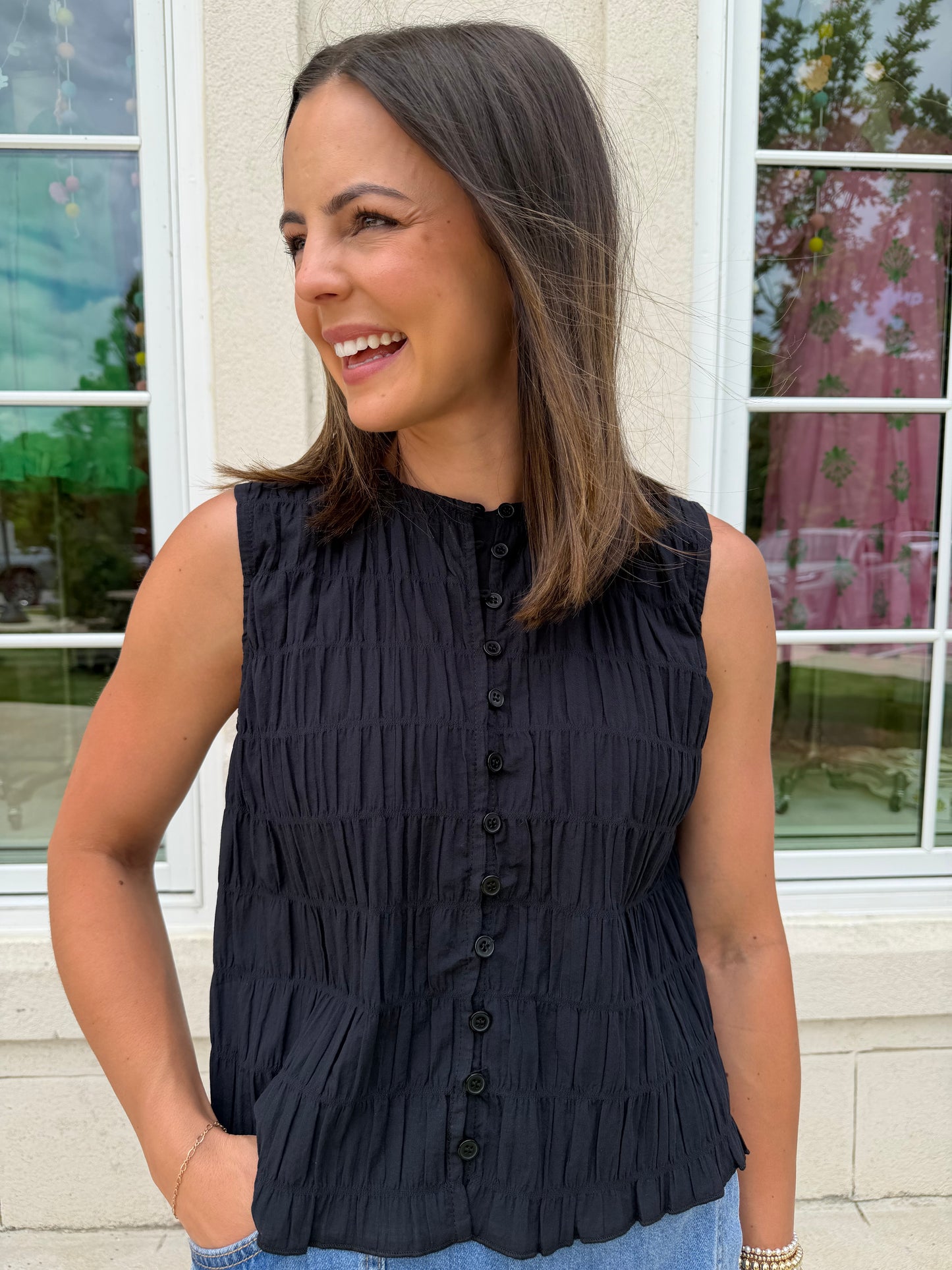 Black Textured Button-up Tank