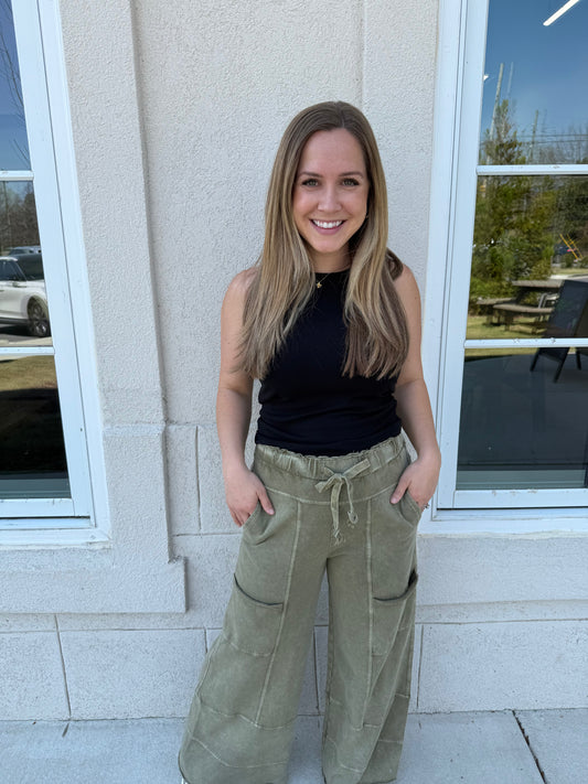 Olive Mineral Washed Terry Knit Pants