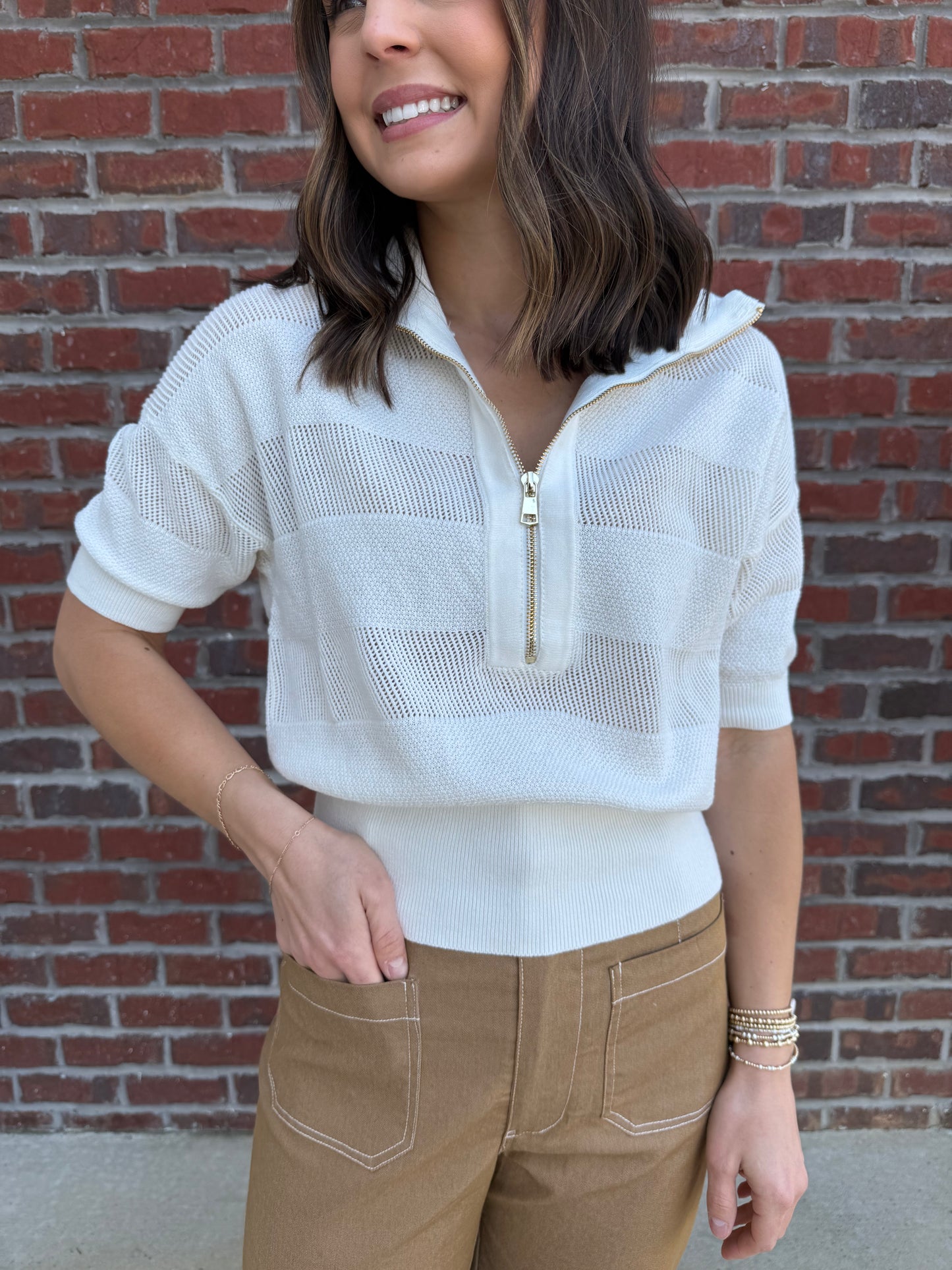 White Mesh Half Zip Sweater Top
