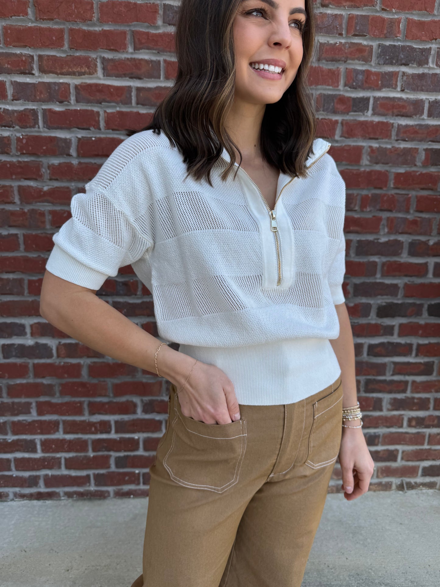 White Mesh Half Zip Sweater Top