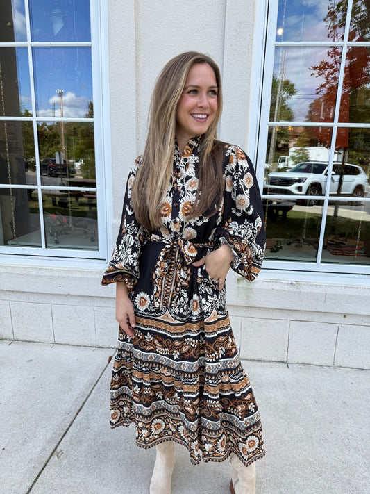 Black Mixed Floral Print Midi